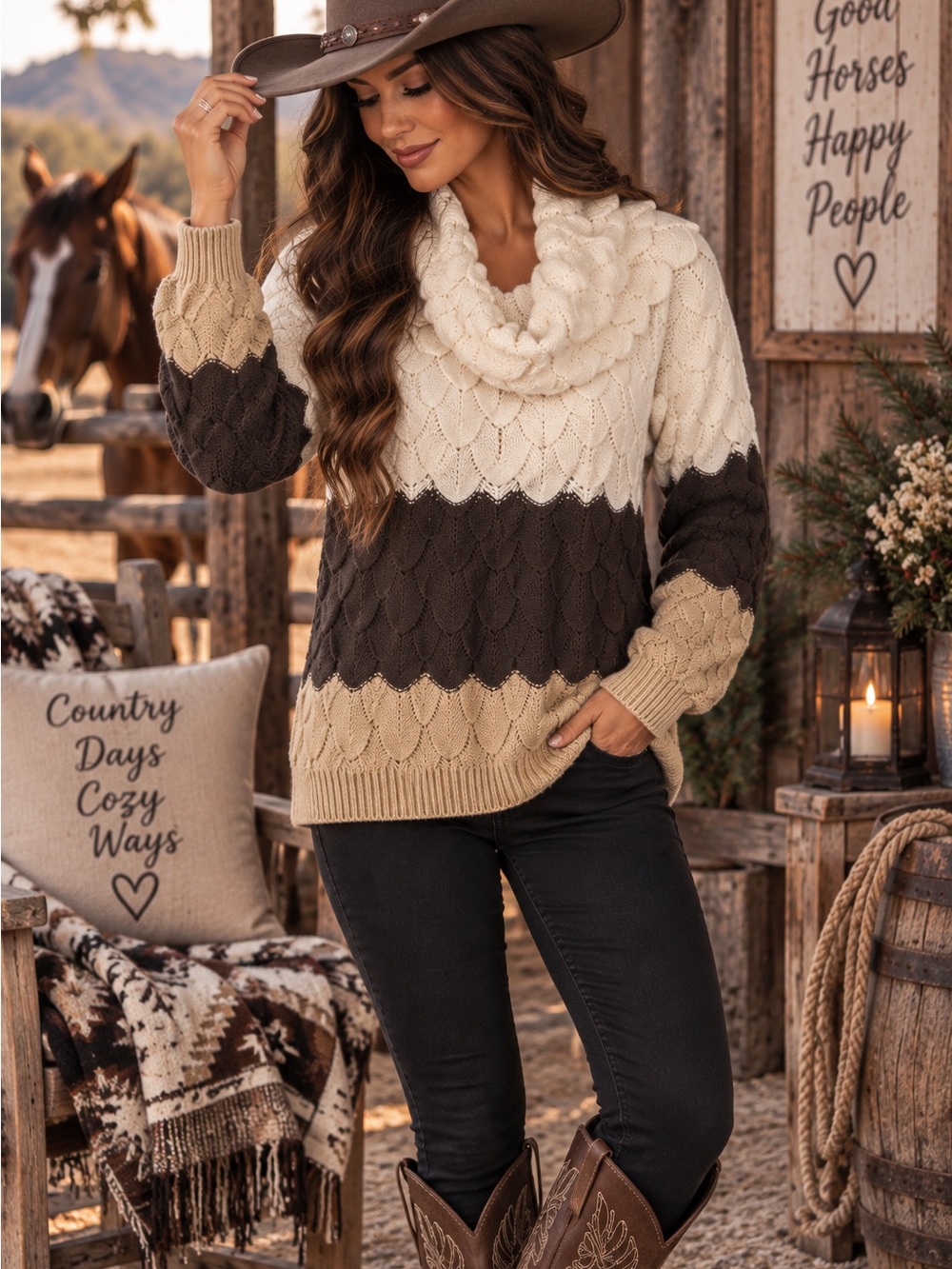 ✨Easel✨Colorblock Cable Cowl Sweater - Scalloped Feather Design